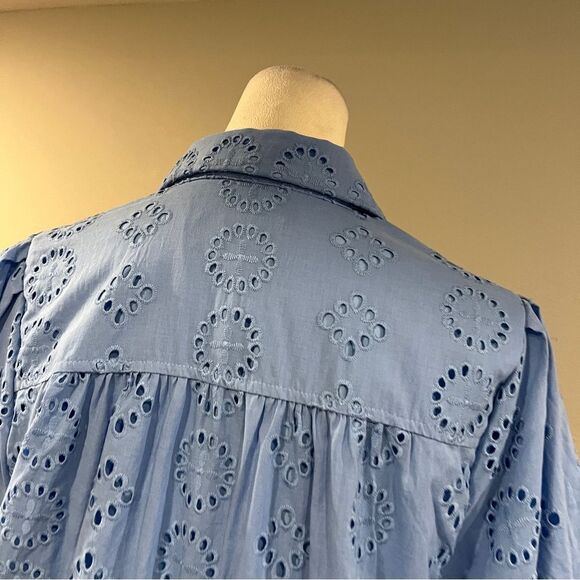 Donna Morgan Blue Eyelet Button-Up short sleeves straight cut dress size 10 - Picture 8 of 13